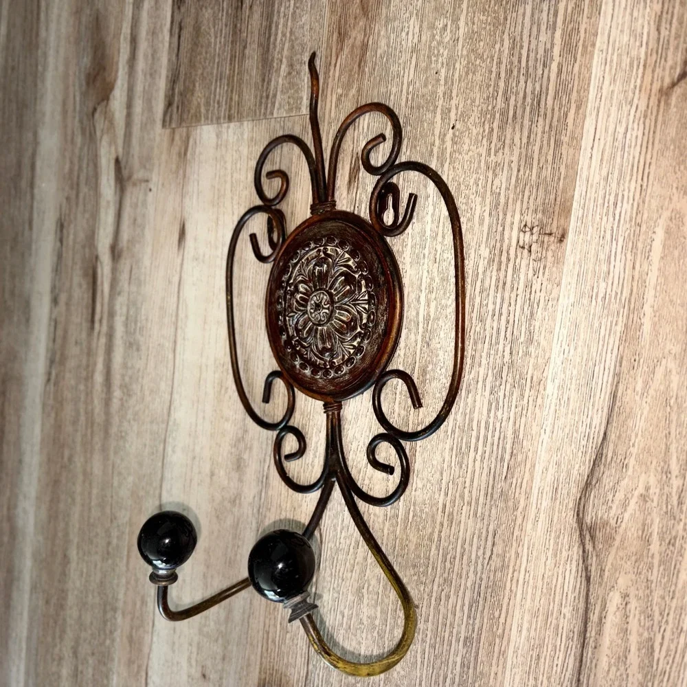 3pc Bronze Ornate Wrought Iron Bath Wall Decor Set Towel Bar Double Hook Shelf